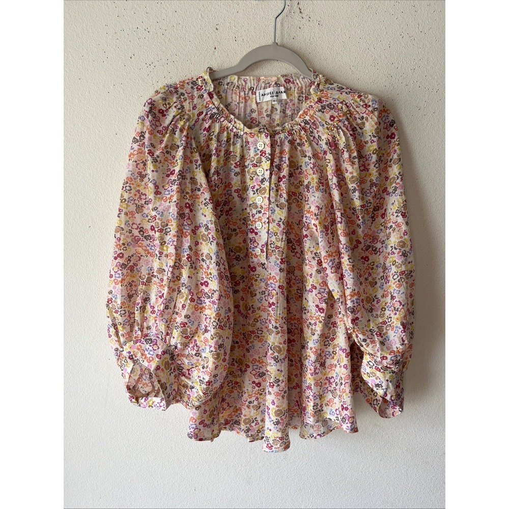 Apiece Apart Silk Cotton Henley Blouse Floral Boho Pullover Puff Sleeve Sz. 6